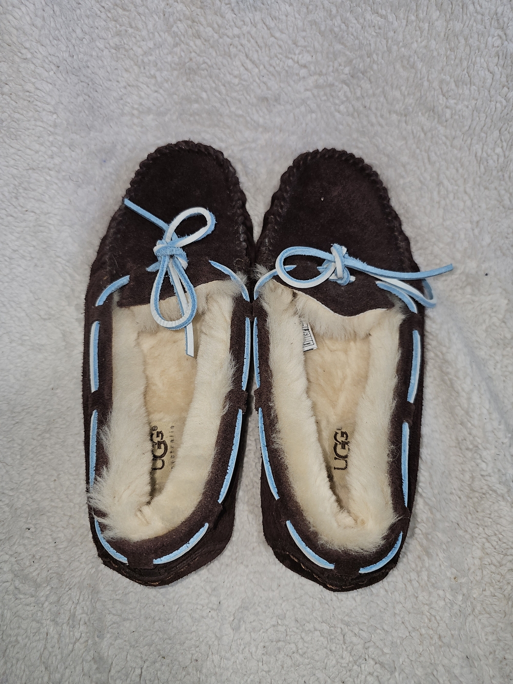 UGG Dakota Chocolate & Blue Suede Moccasin Slippers Shoes WOMEN'S SIZE 8. - Picture 5 of 10